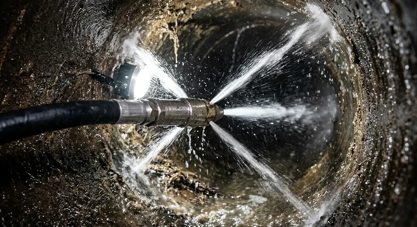 High-pressure hydro jetting nozzle cleaning sewer pipe for Sewer Cleanout in Guilford