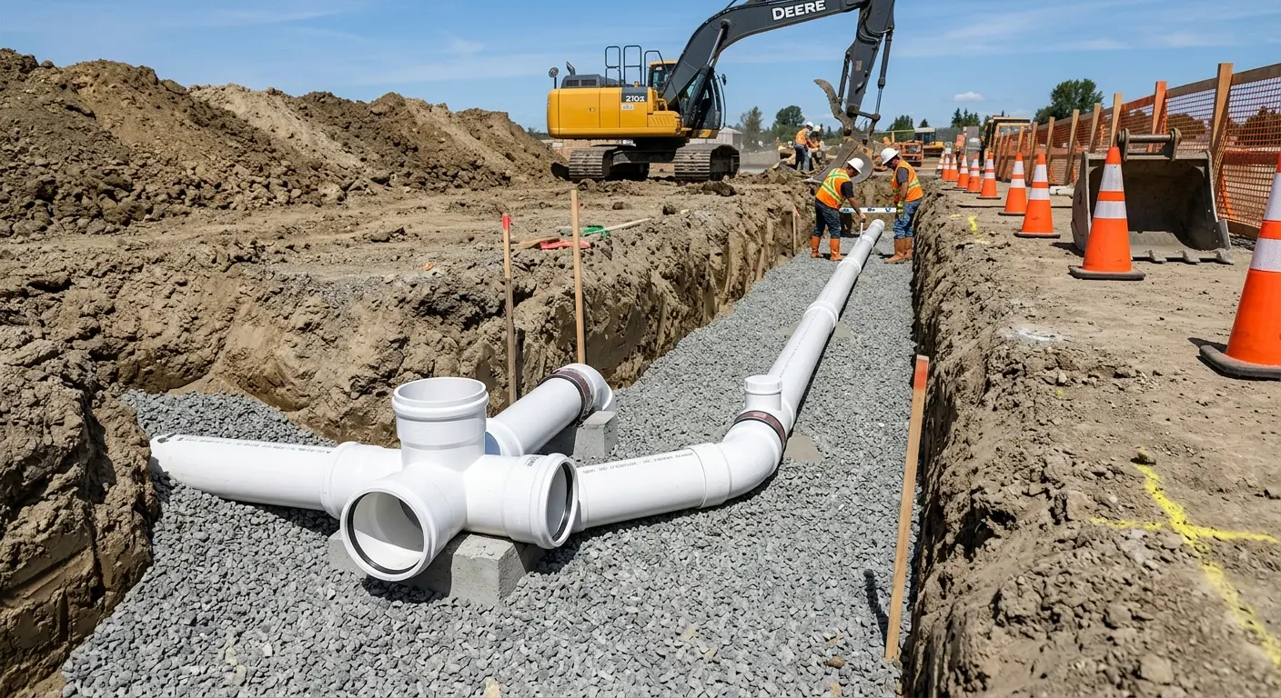 New PVC sewer pipe installation in open trench for Commercial Drain Cleaning in Guilford